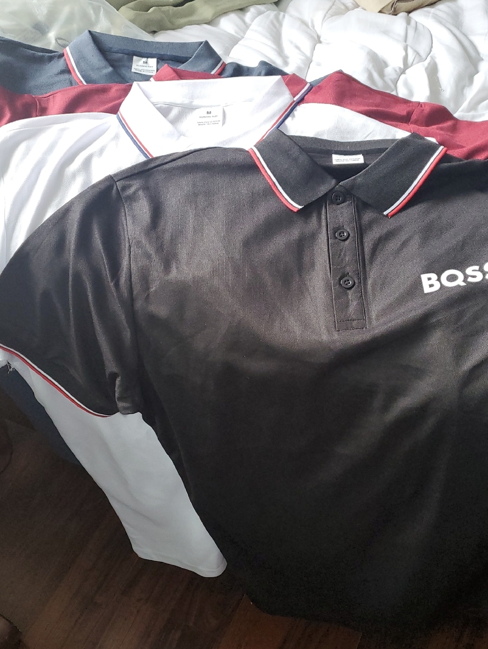 BQSS European Style Black, Burgundy, White And Blue Polo with Red-Trim Collar - Picture 2 of 9
